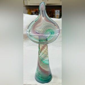 Vintage hand blown Jack in the pulpit vase. Swirled green, pink & white colors.